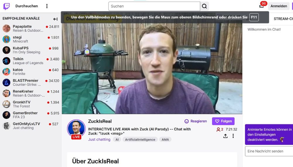 Screenshot: ZuckisReal Twitch - Chatten mit Marc Zuckerberg KI-Version